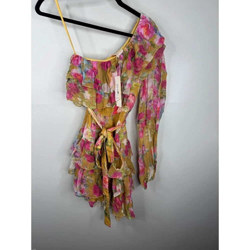 NWT ROCOCO SAND Avar Belted One Shoulder Dress Floral Chiffon Size XS Ochre